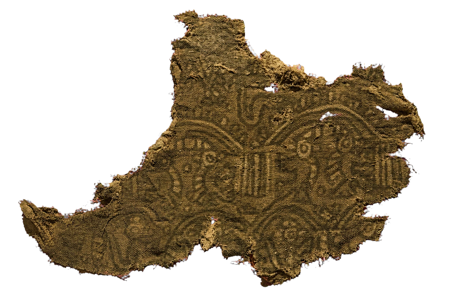 Beschädigtes historisches Textilfragment mit einem eingewebten Motiv.