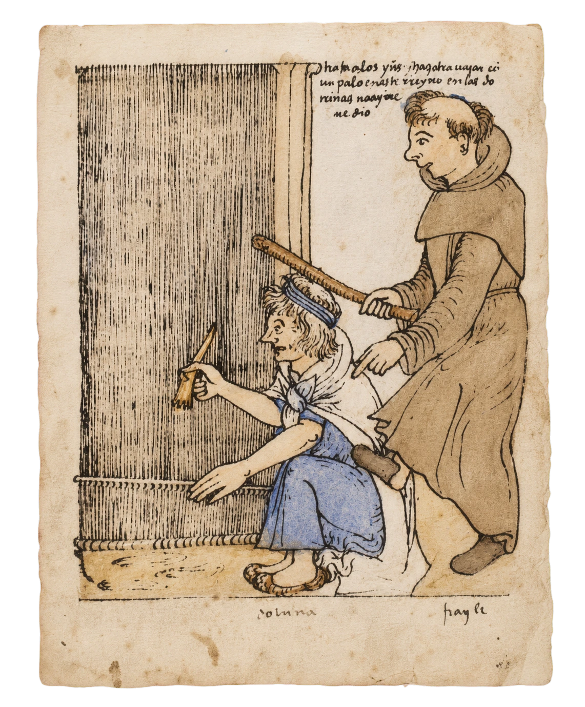 Historische Zeichnung zweier Personen bei der Arbeit an einem Webstuhl.